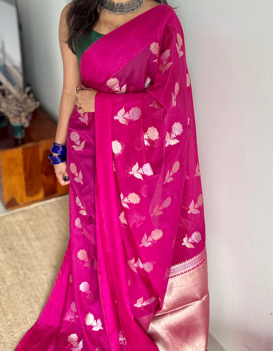 Rani pink with gold and silver floral buttas, Banarasi semi-crepe silk - YCDESE51
