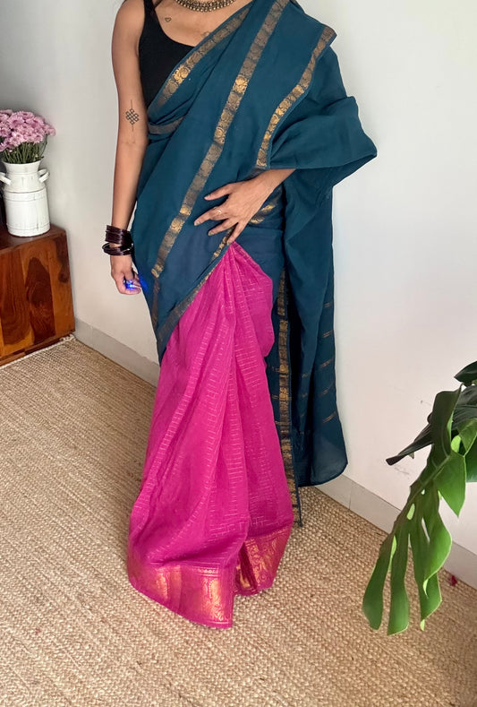 Teal with magenta, sungudi cotton half and half saree - YCCOTNIDOC156