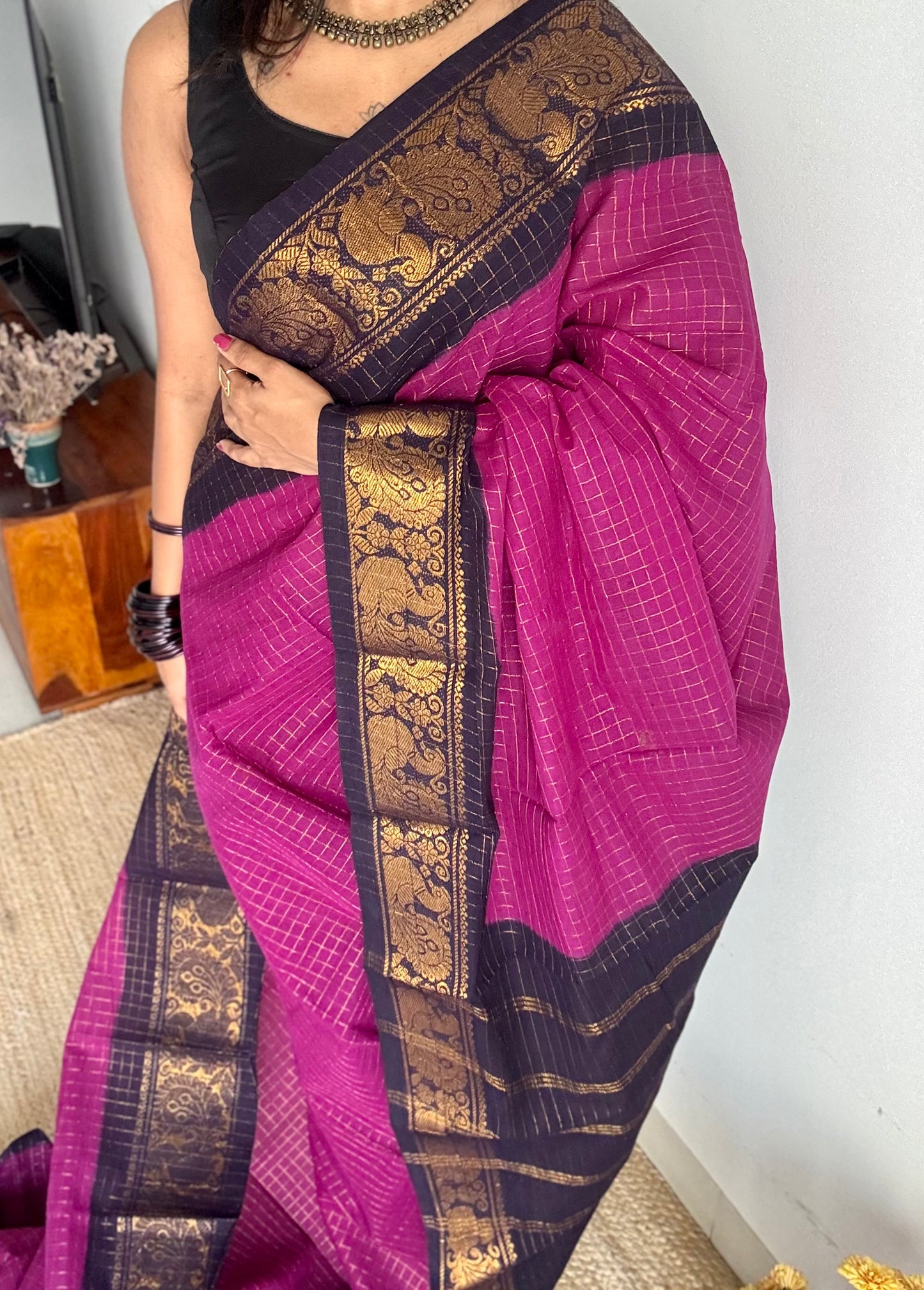 Purple pink with dark blue checkered sungudi, madurai cotton - YCCOTNOCSC21