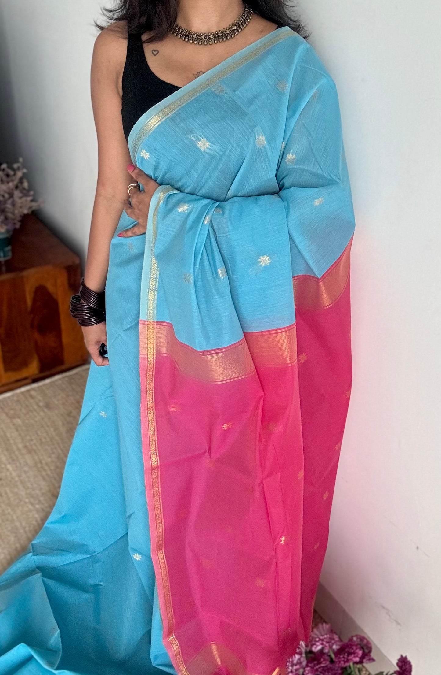 Sky blue with pink, gold buttas, semi maheshwari cotton silk - YCCOTNFEJUSM06