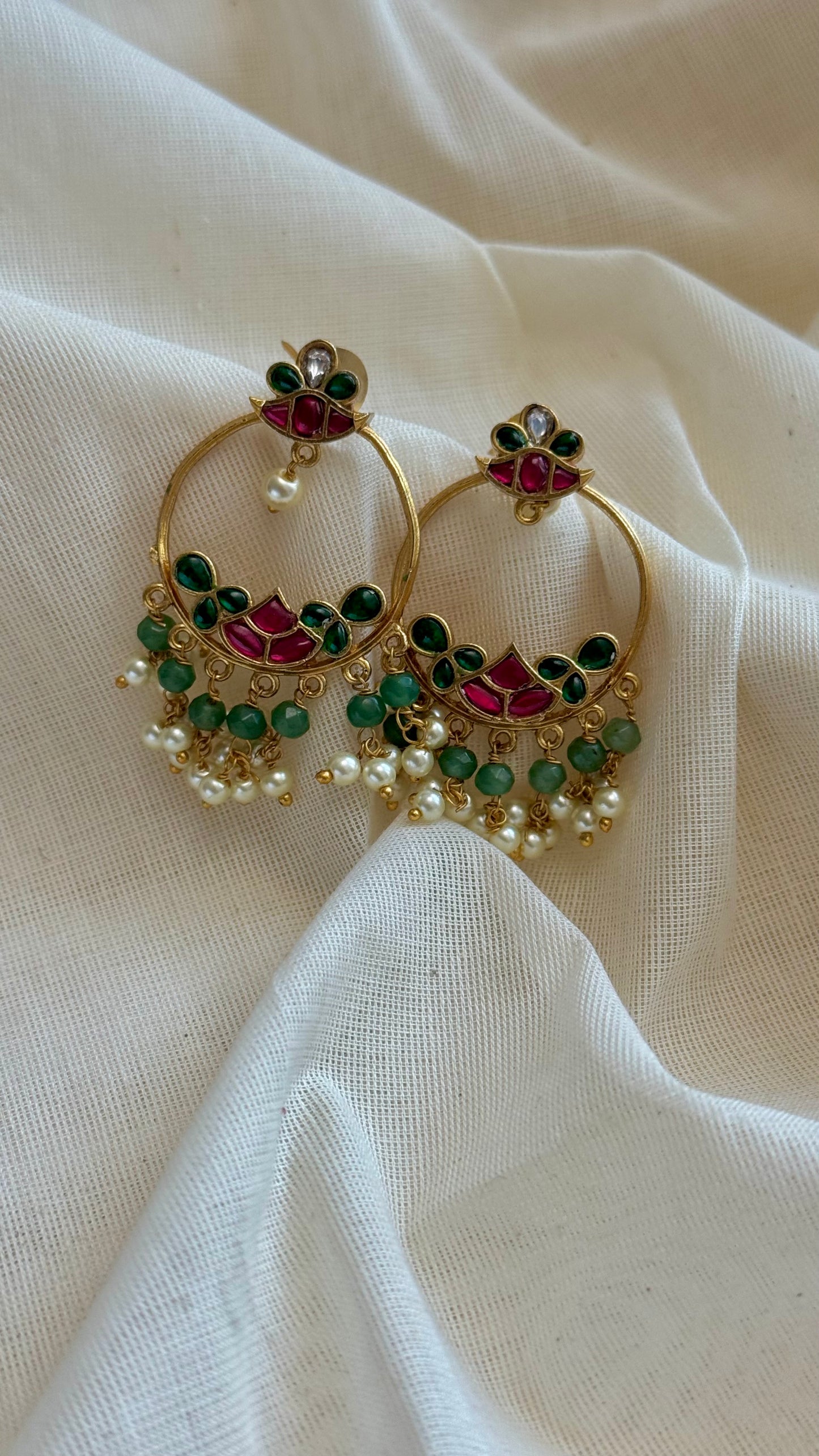 Chandbali ruby green pearls hoop dangler earring - YCGPER827