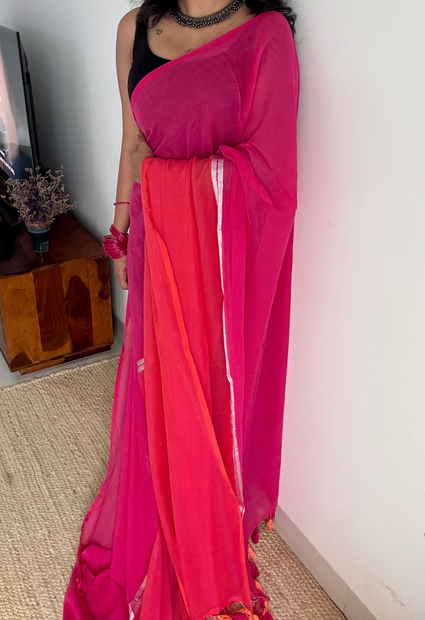 Hot pink with dual shade orangish pink, mul cotton YCBCMCM17