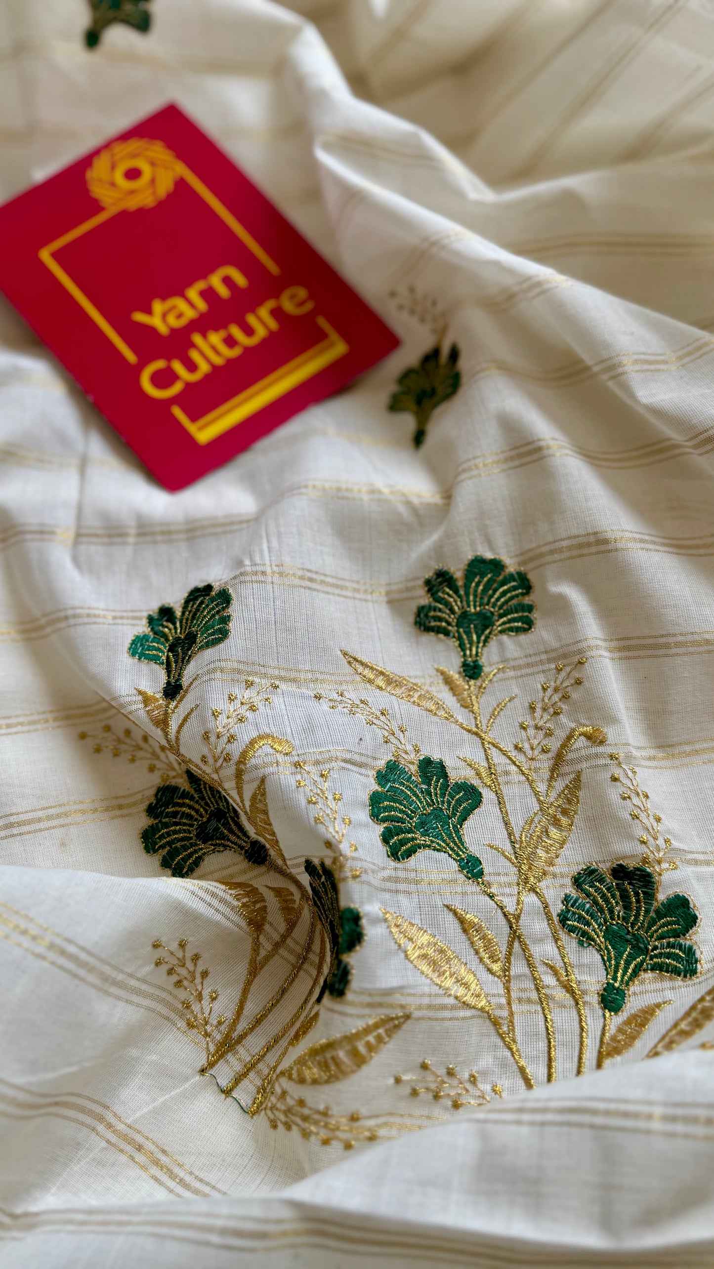 Ivory and gold with green flower embroidery, striped zari, kerala cotton - YCON25KCSFE260