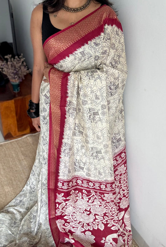White and red contrast, printed kalamkari, semi-tussar - YCWOTDSTK03