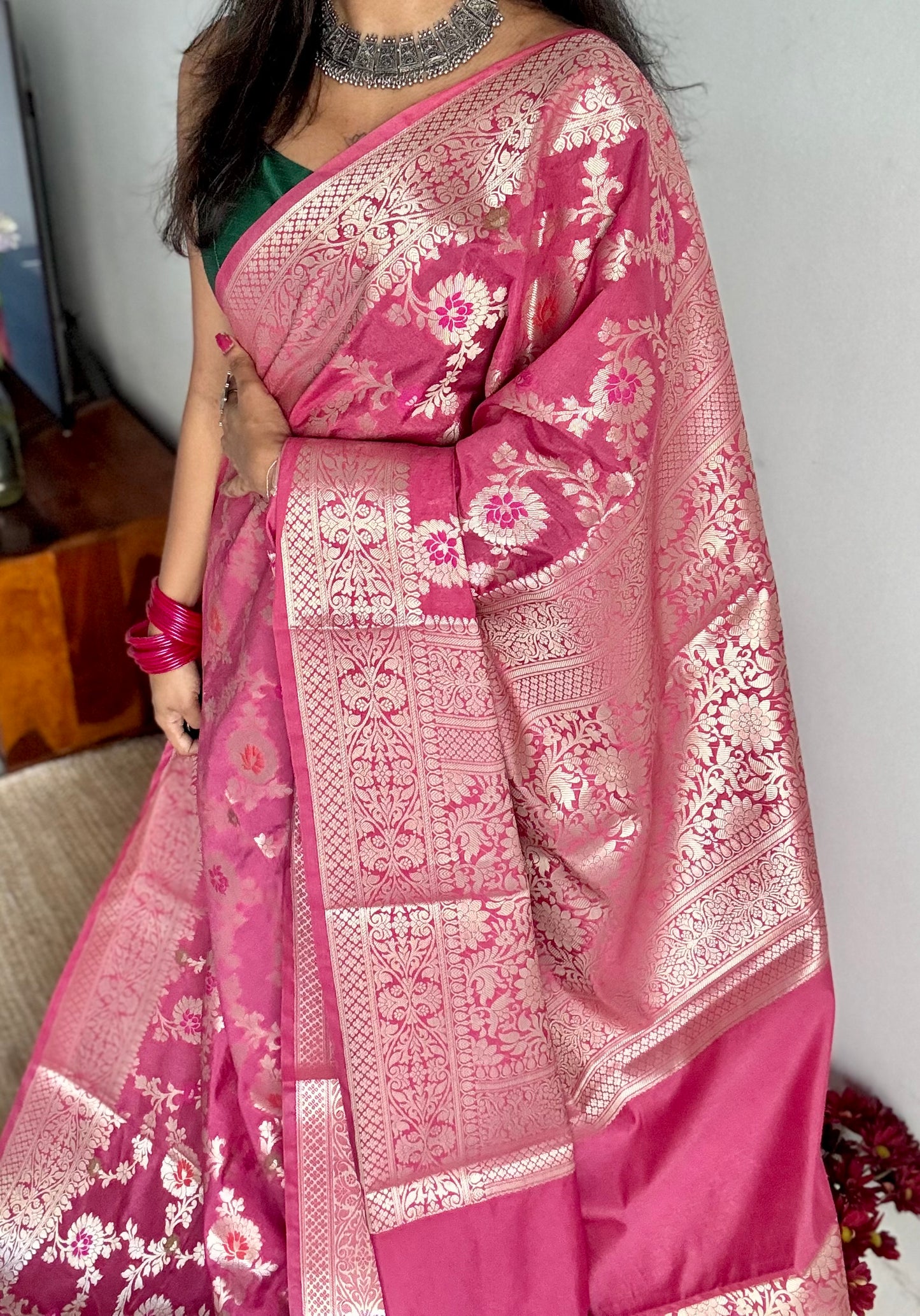 Dusty pink meenakari floral pattern in silver zari, Banarasi katan dupion silk - YCDESE09