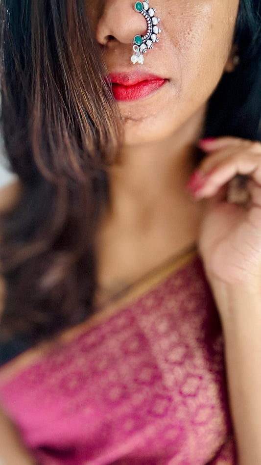 Oxidised silver, green stone, clip on Maharashtrian nath - YCOSNC198