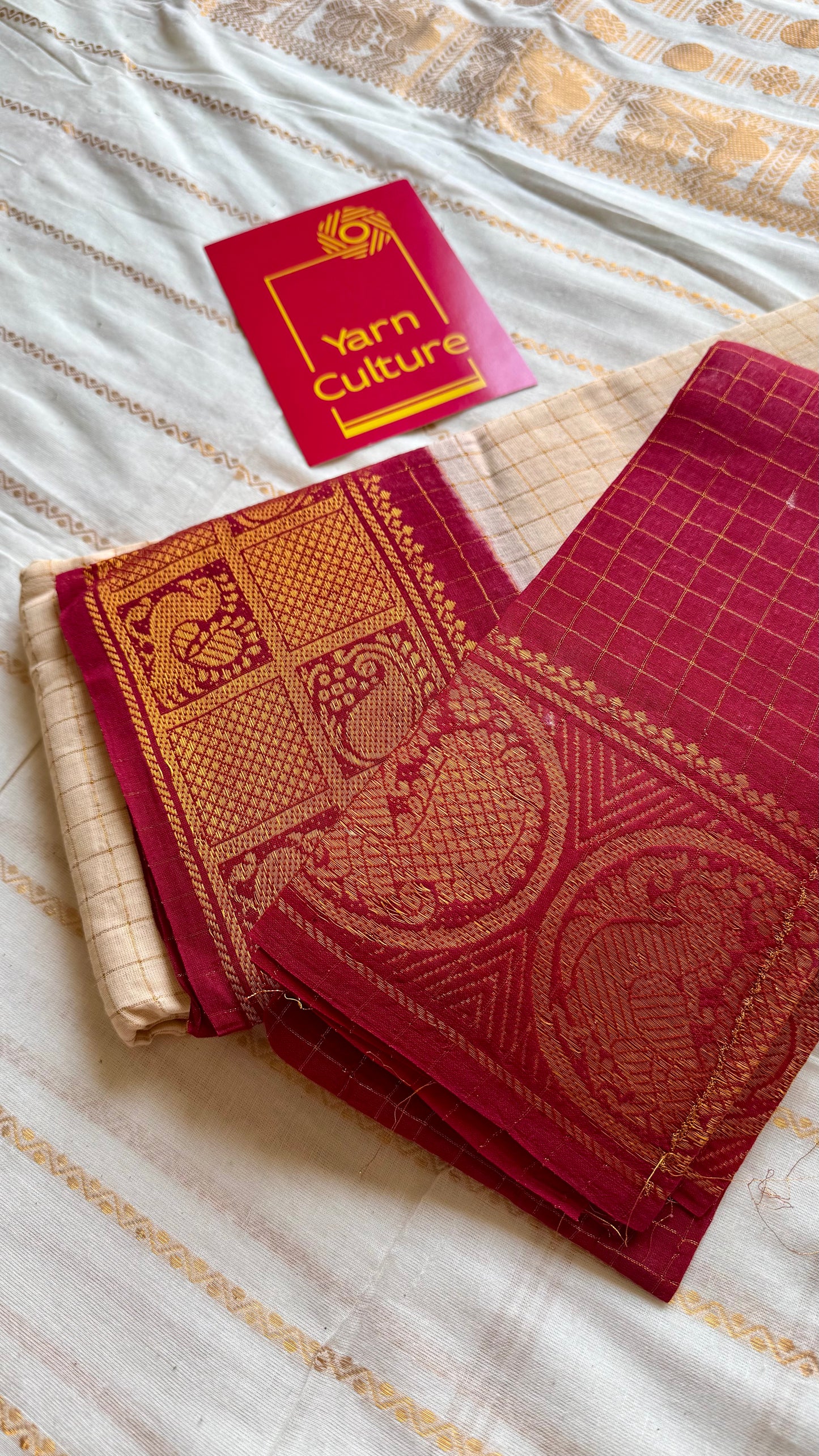 Ivory with red contrast zari checkered sungudi, kattuchayam dyed madurai cotton - YCIEON99