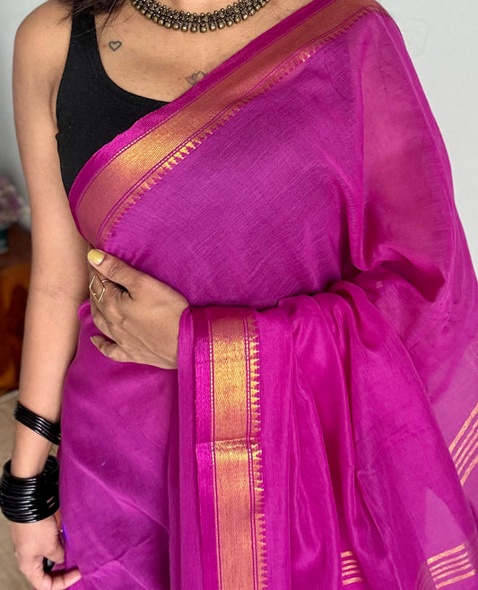 Purple pink soft cotton with maheswari gold zari border - YCBCMCFE214
