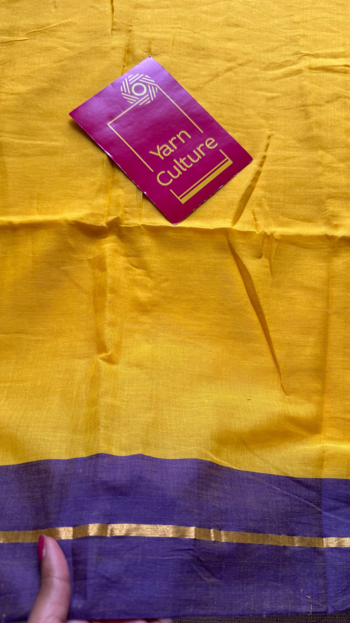 Yellow with purple border mul, thin antique gold zari gap border - YCBCMCLSE45