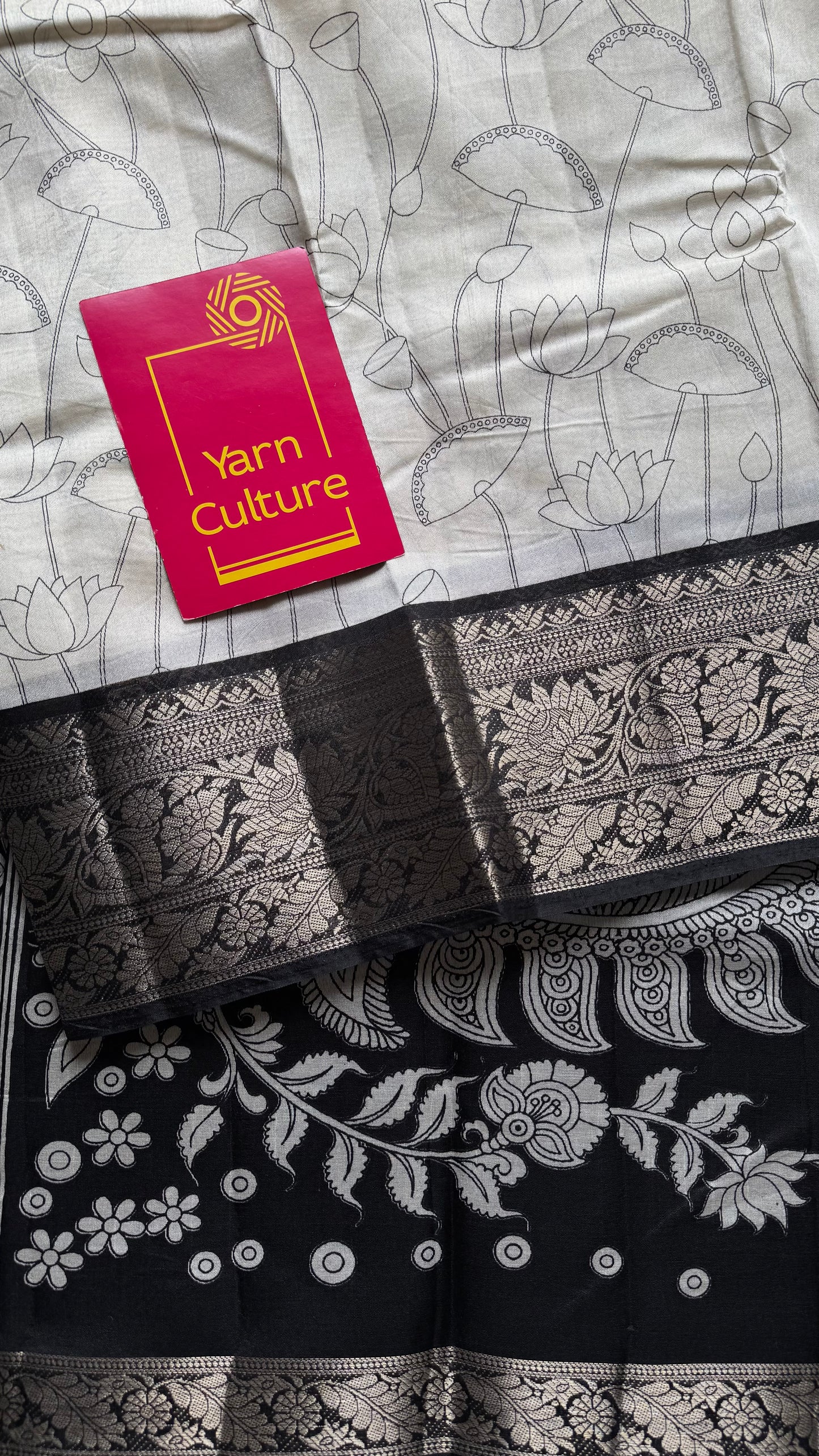 Off white and black, printed kalamkari, lotus motif, semi-tussar - YCWOTDSTK05