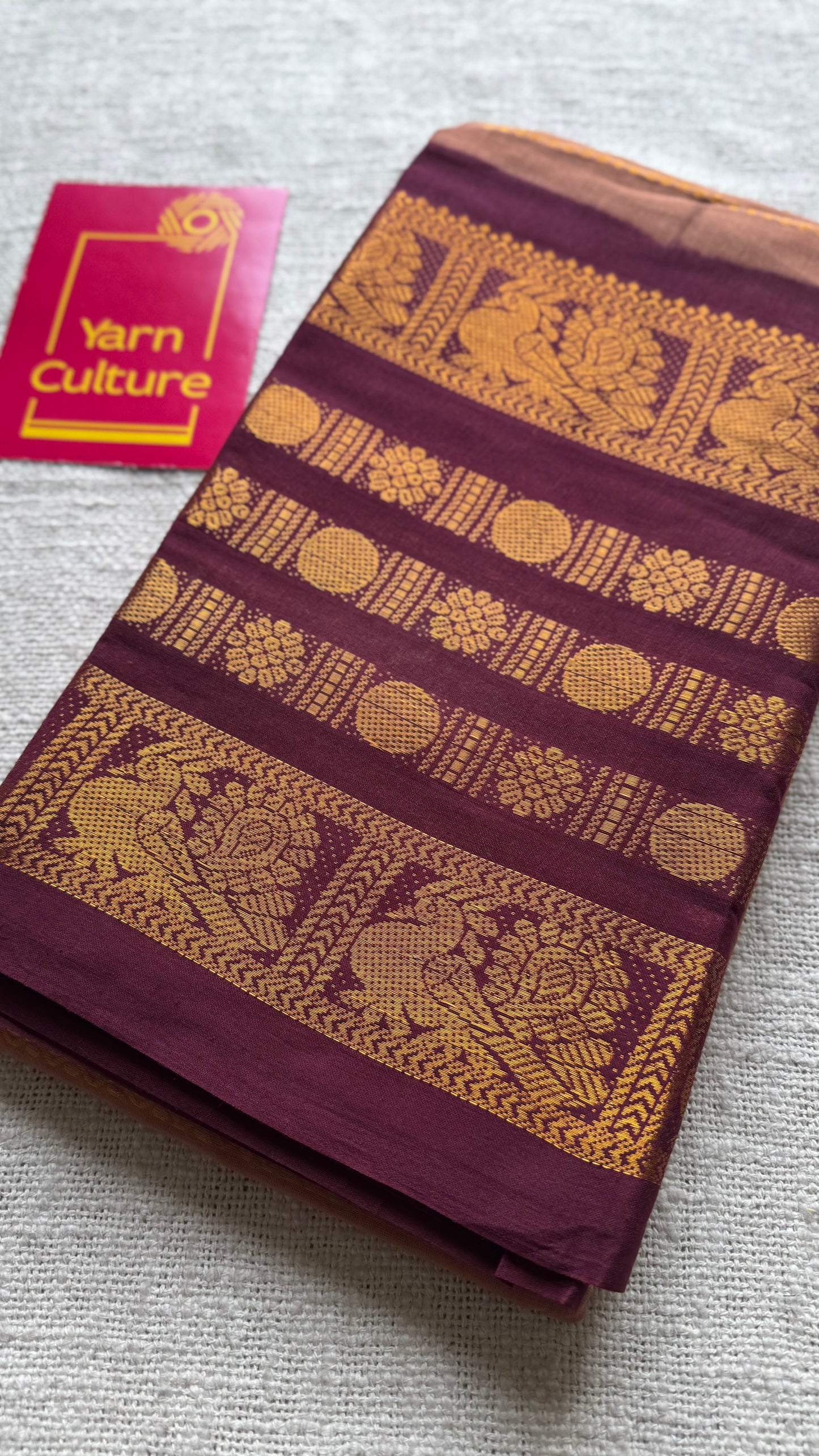 Light brown with maroon, peacock rudraksham motif, single side broad zari - madurai kattuchayam dyed - YCCOTNAUS33
