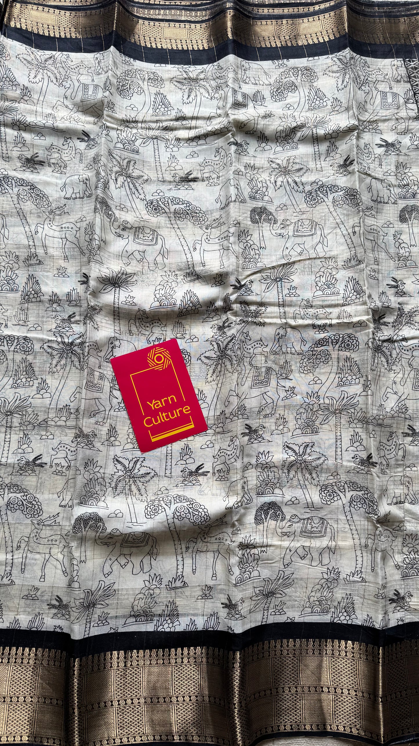 Off white and black, printed kalamkari, semi-tussar - YCWOTDSTK09