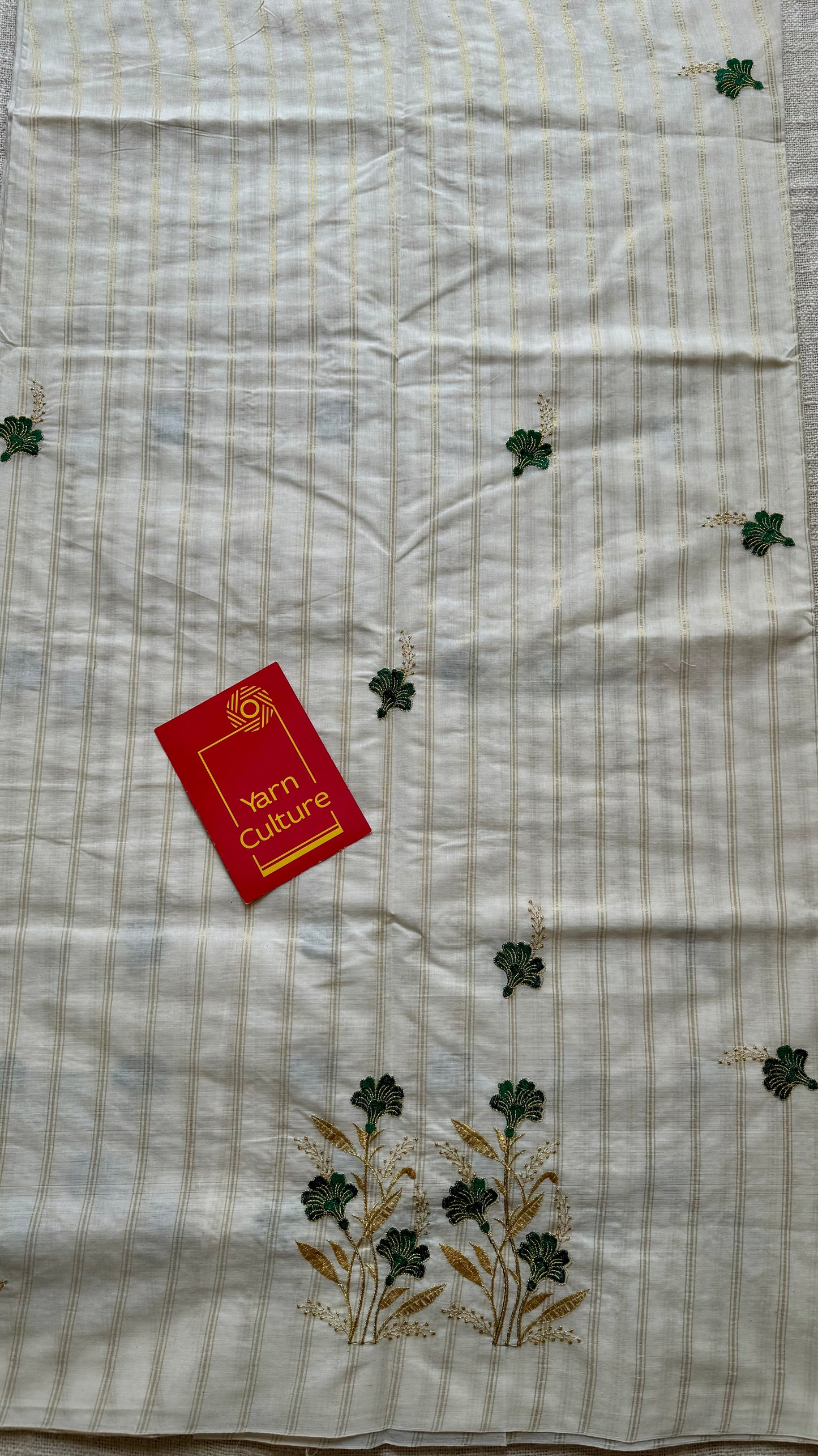 Ivory and gold with green flower embroidery, striped zari, kerala cotton - YCON25KCSFE260