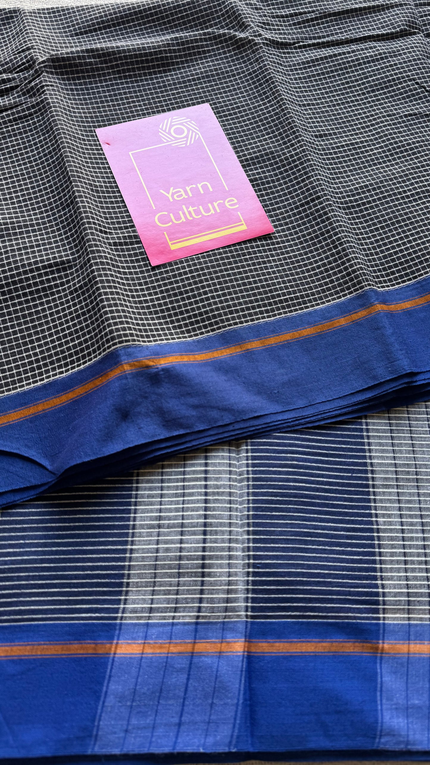 Classic black and white checks with blue border, patteda anchu, soft cotton - YCLOKC221