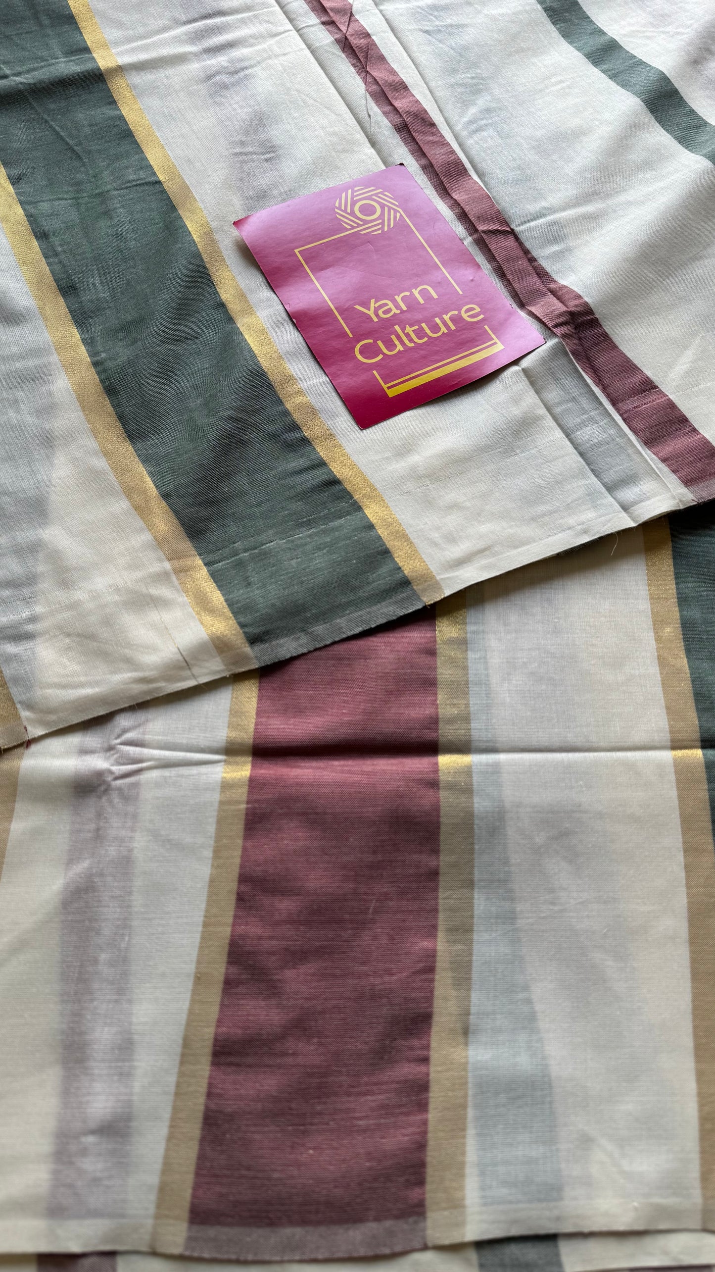 Ivory Kerala cotton saree with maroon and green stripes - YCIEKCFE307