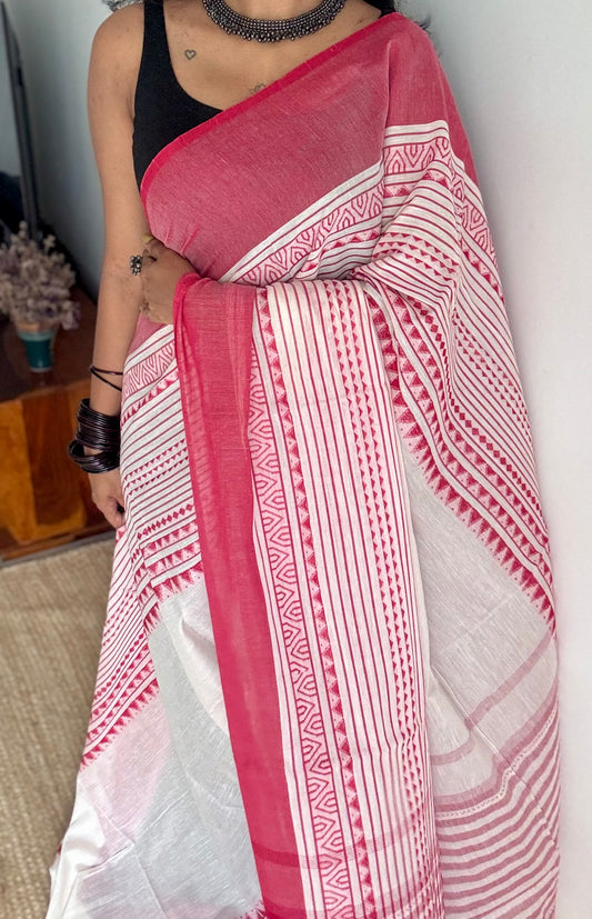 Pure Dhaniakhali tant in white with red patterened border - YCBCDP22