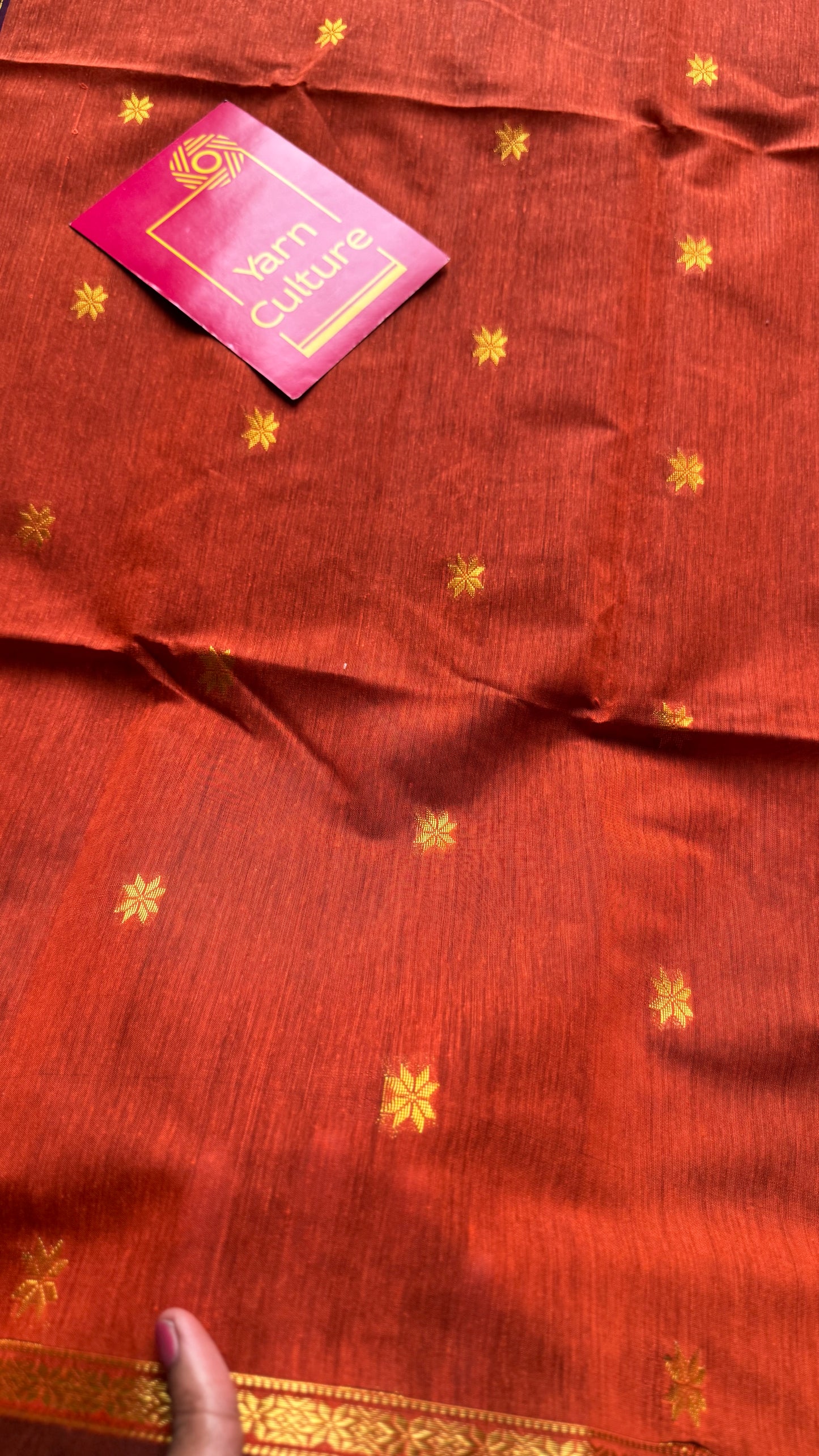 Orange with purple pink (vadamalli), gold buttas, semi maheshwari cotton silk - YCCOTNFEJUSM02