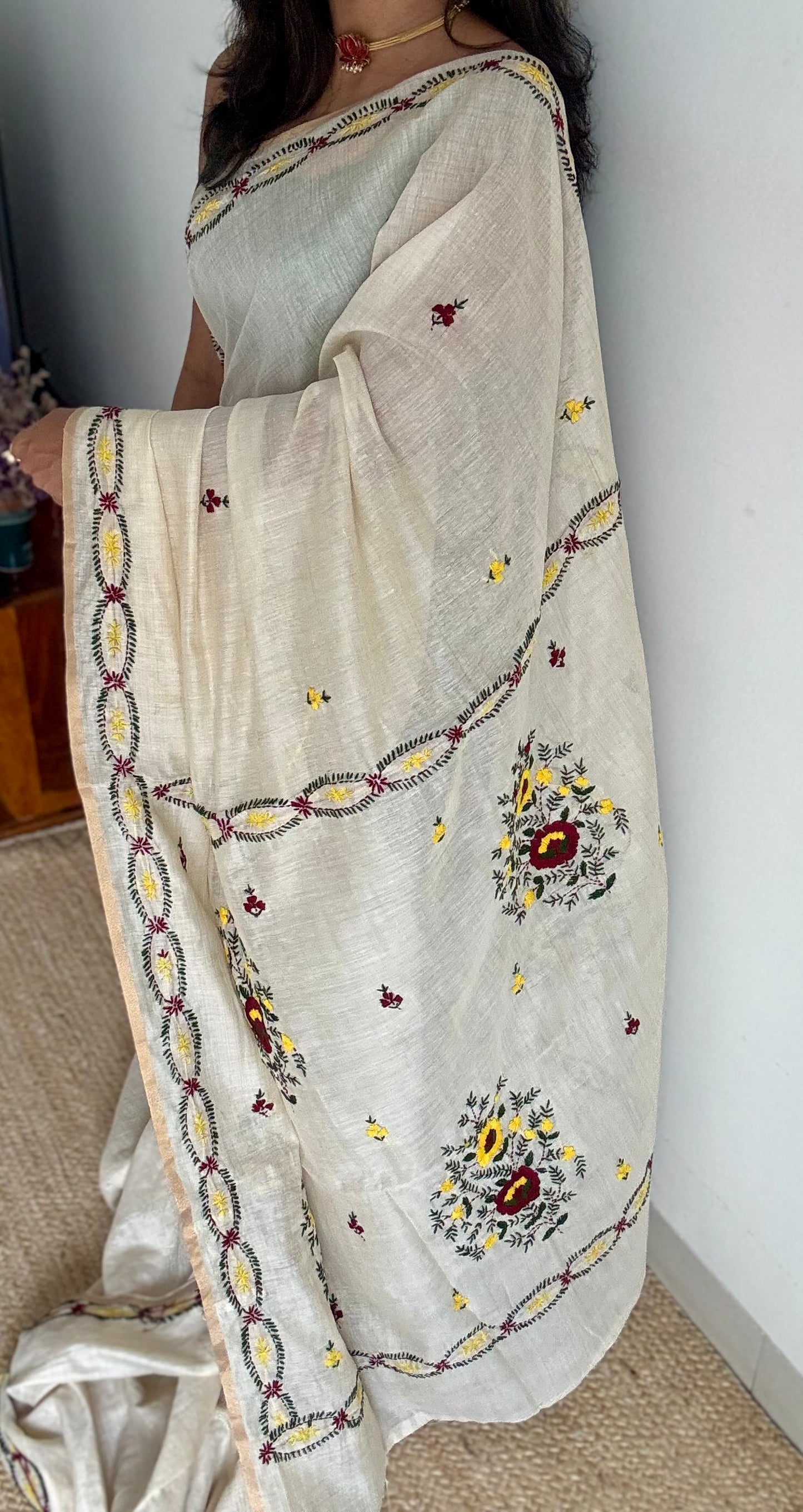 Ivory maheshwari cotton silk blend with maroon and dark yellow floral kantha threadwork - YCBLJULMK05