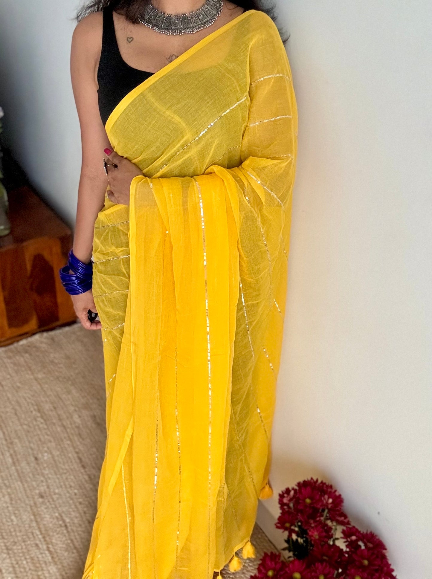 Yellow mul with silver sequins - YCBCMCLSE54