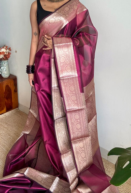 Wine pink tissue Banarasi saree with zari border - YCBLTOC78