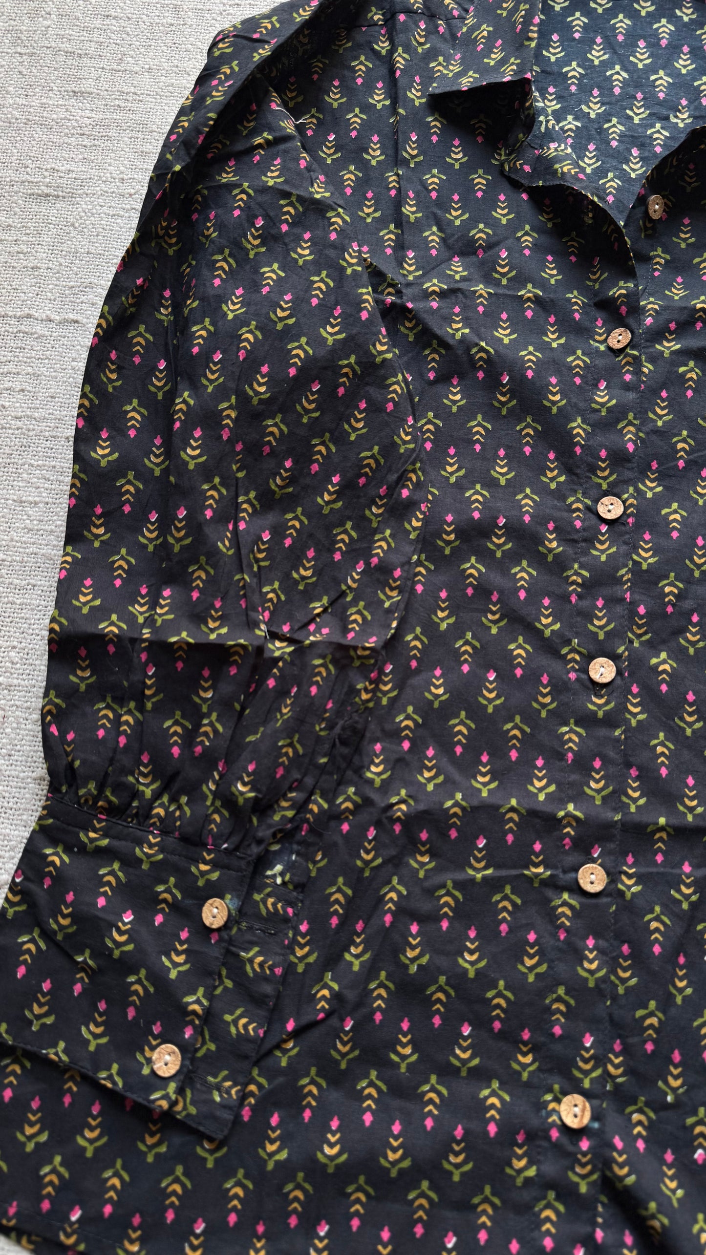 Black Confetti - blockprinted cotton stitched shirt, collared neck, full sleeves - YCSEBPSJA216