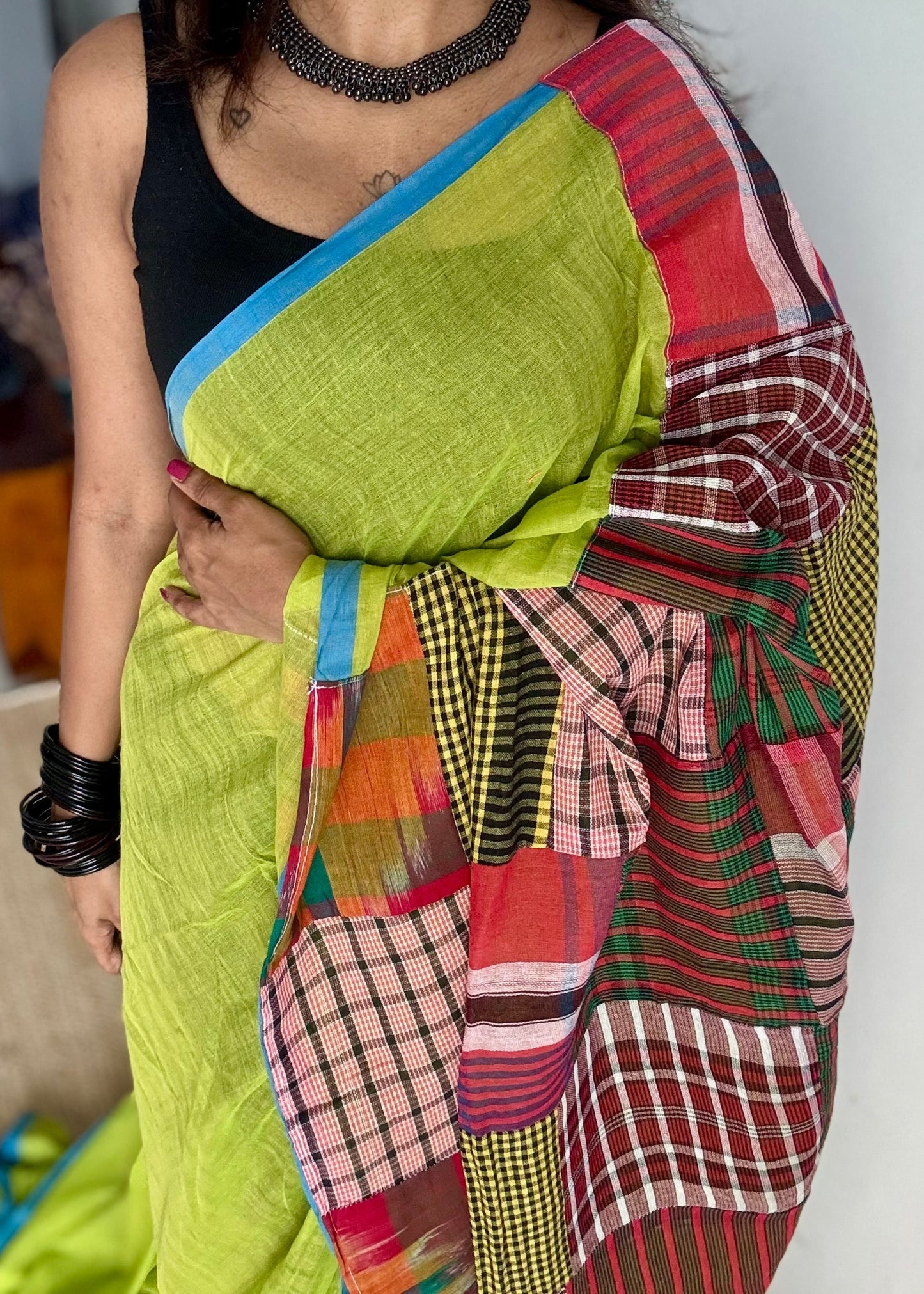 Lime green mul saree with patchwork on pallu - YCBCAUMCP02