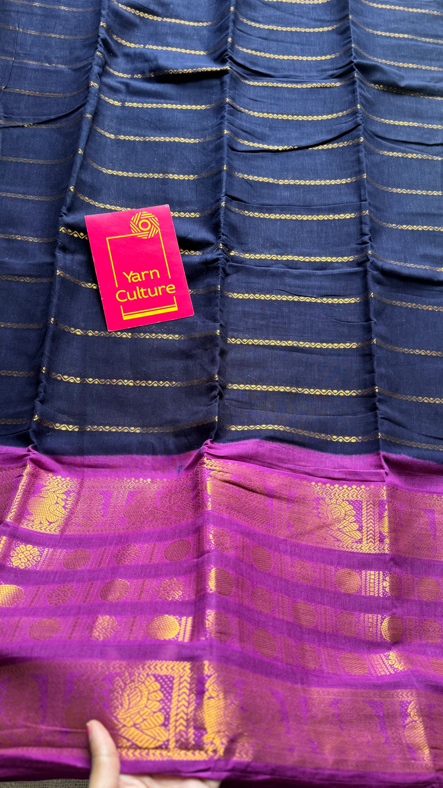 Dark blue with purple pink (vadamalli), peacock rudraksham motif, single side broad zari - madurai kattuchayam dyed - YCCOTNAURS18