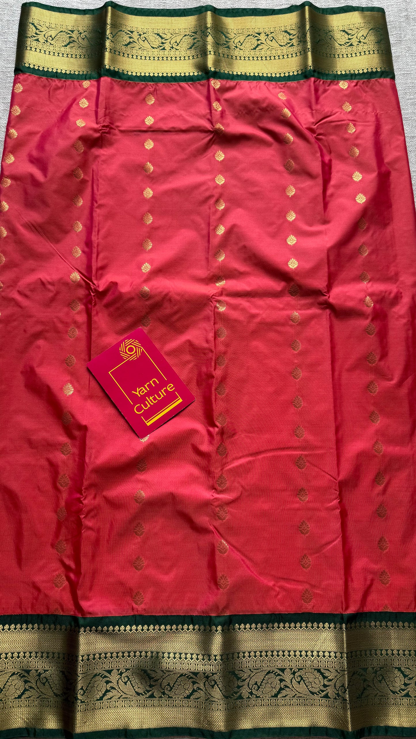 Kavini - peach with dark green, handloom korvai semi silk - YCCOTNFEJUKS01