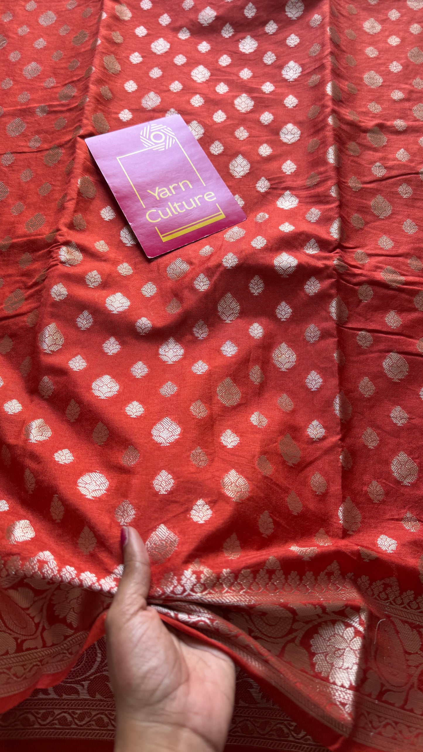Burnt red, silver buttas and zari, Banarasi semi-silk - YCDESE36