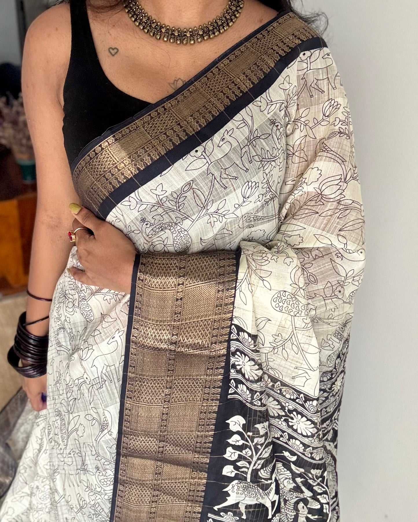 Off white and black, printed kalamkari, semi-tussar - YCWOTDSTK10