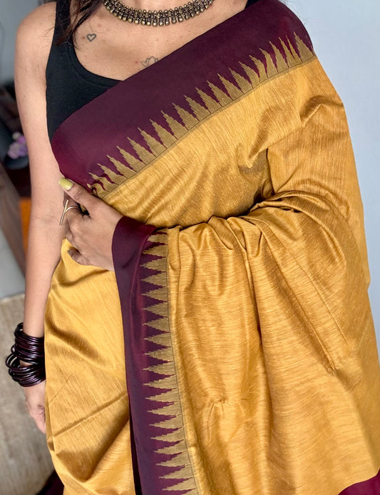 Yellow with maroon temple border, cotton silk - YCCOTNCSDE96