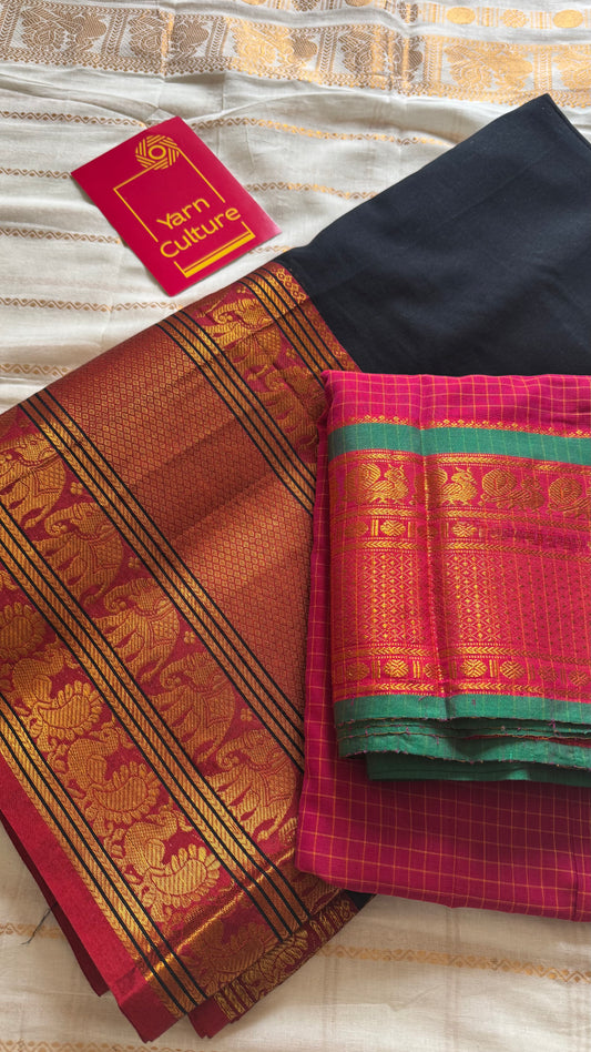 Black - Hot pink unstitched half saree material (dhavani), narayanpet cotton - YCIEHS216
