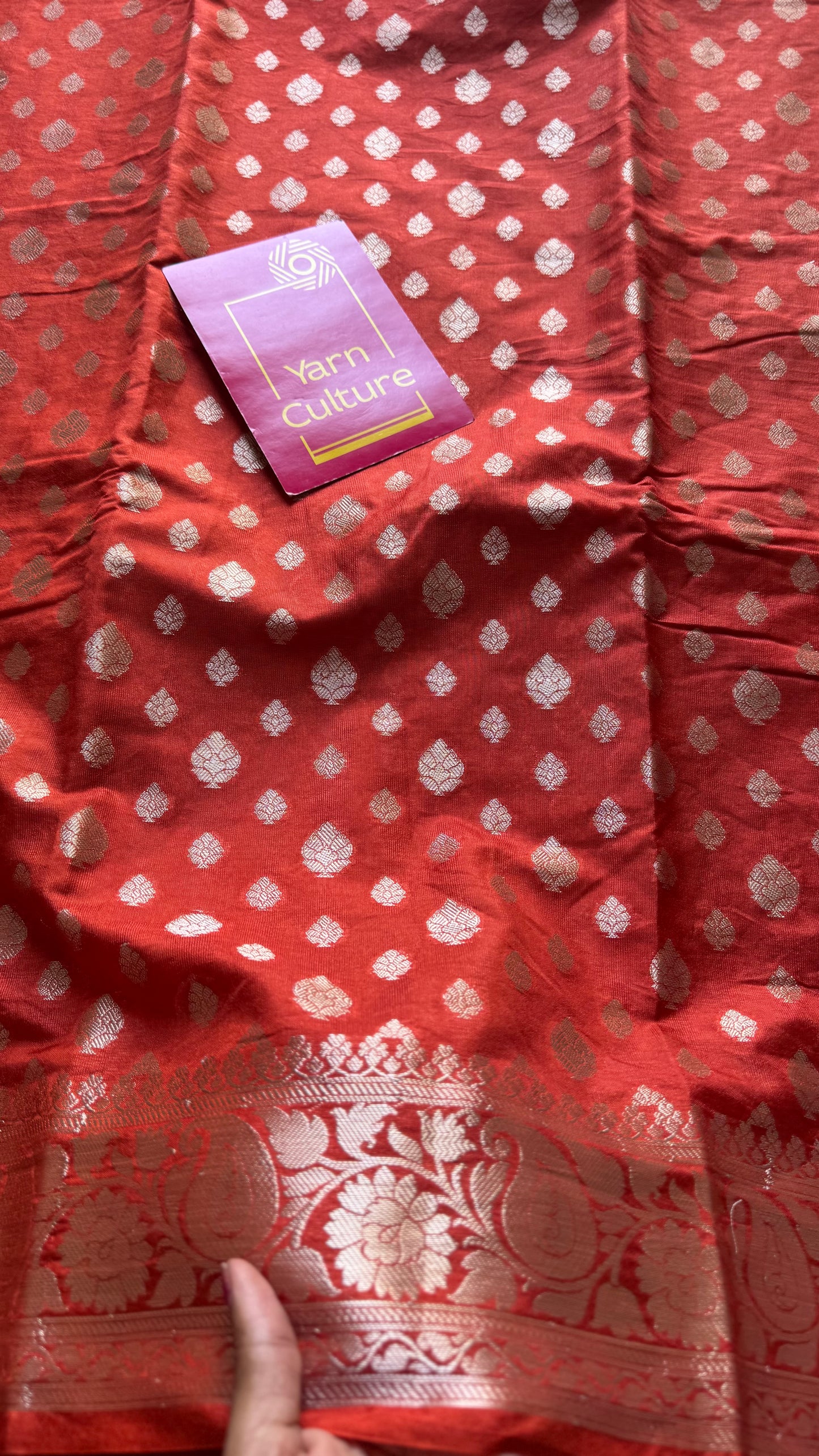 Burnt red, silver buttas and zari, Banarasi semi-silk - YCDESE36