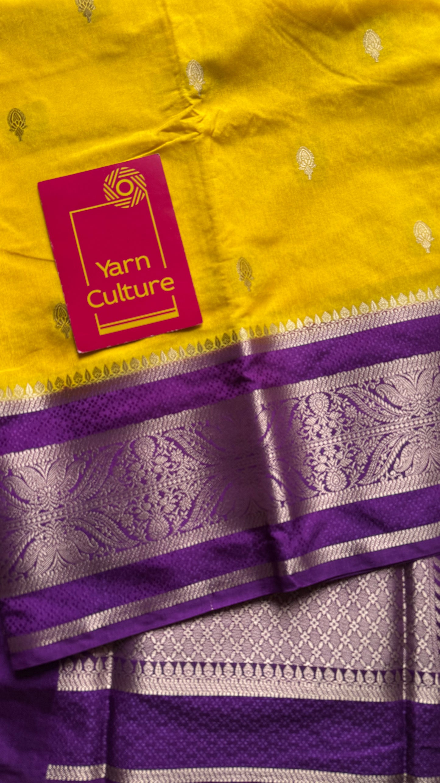 Yellow with purple border, Banarasi semi-silk - YCDESE03