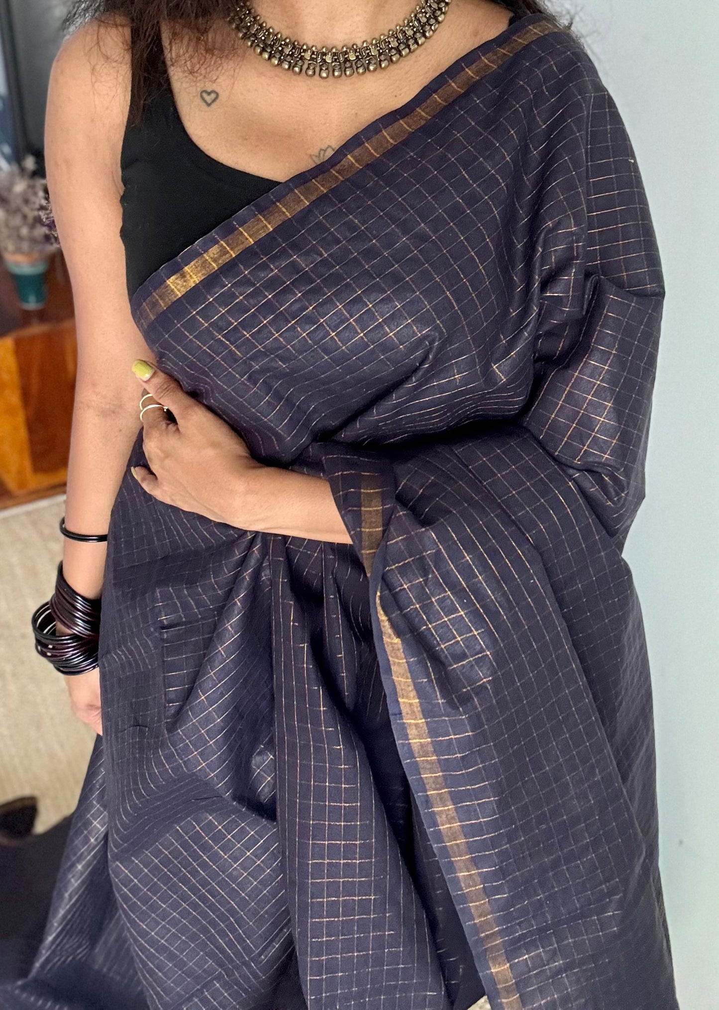 Black mini kattam sungudi, madurai cotton - YCCOTNSEMS24