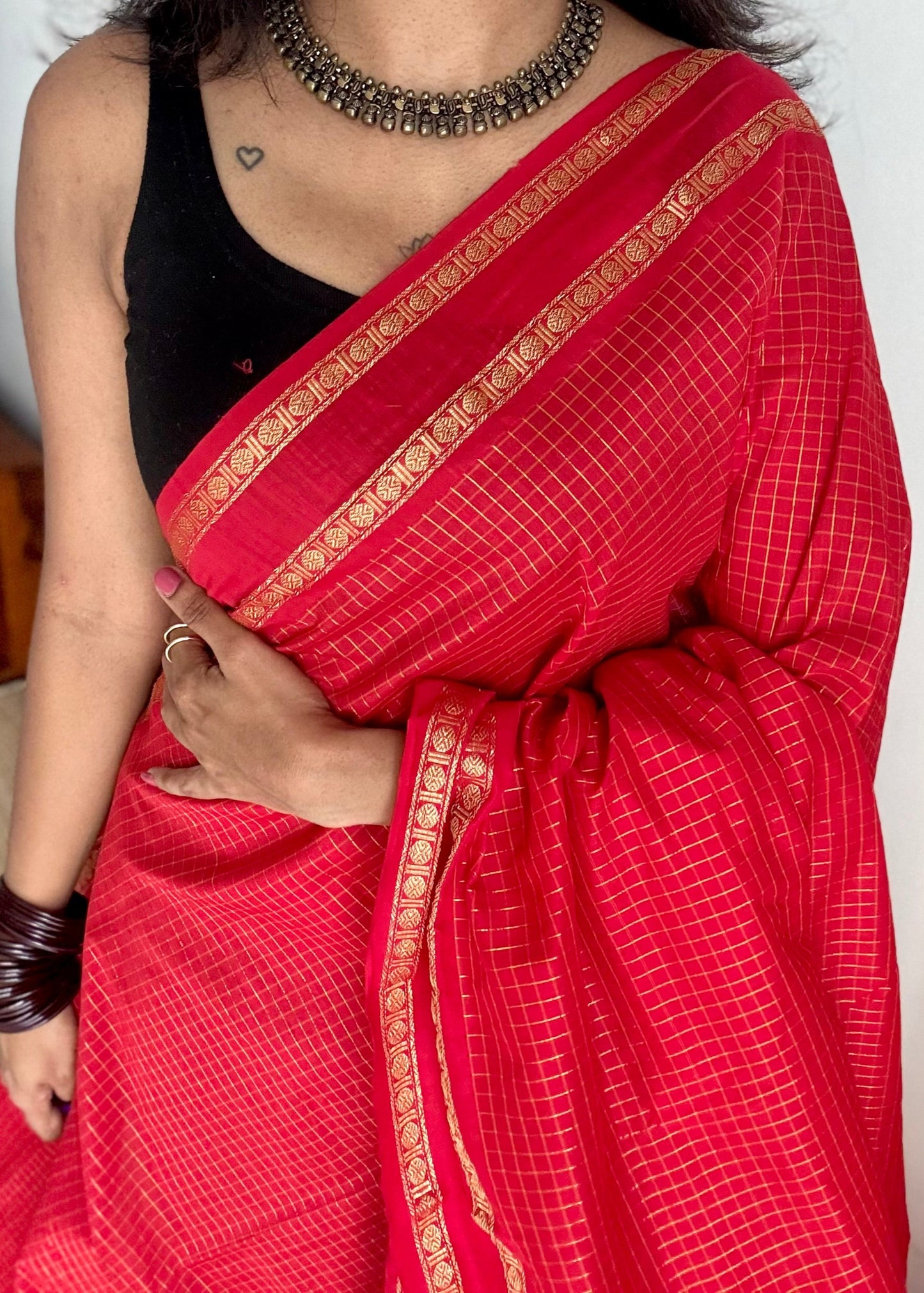 Chilli Red, arani zari checks, cotton silk - YCCOTNJUAR18