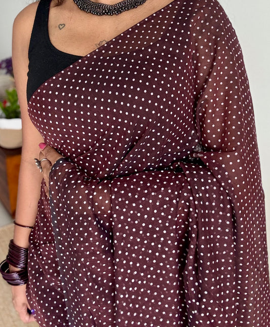 Brown with white polka dots mul cotton saree - YCBCMCAP54
