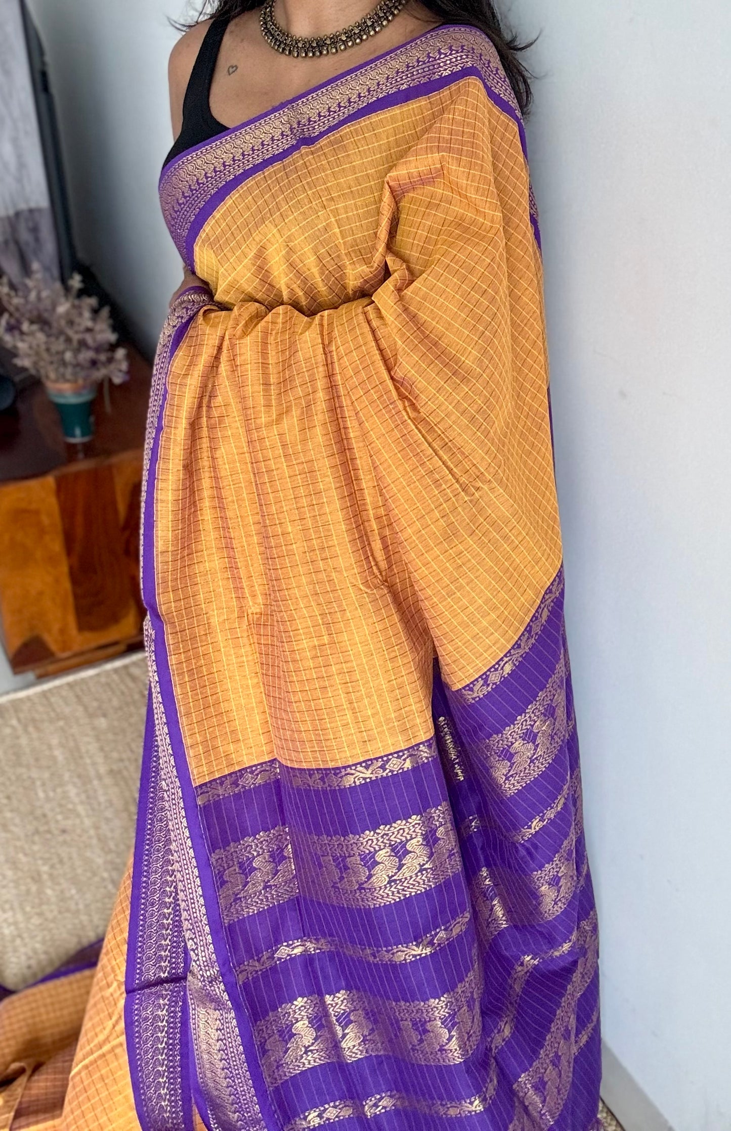 Yellow with purple, checks - cotton silk - YCCOTNSEKCS09