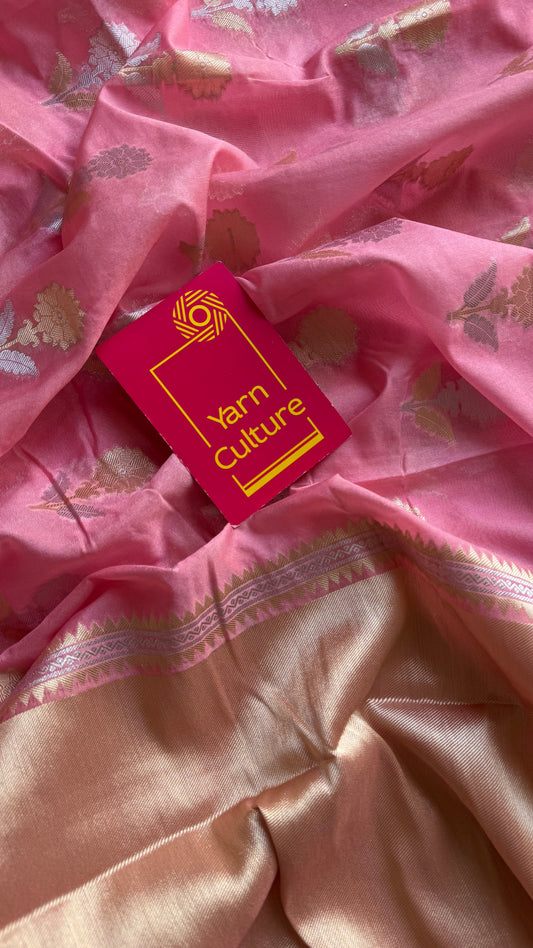 Pink with gold and silver floral buttas, Banarasi semi-crepe silk - YCDESE47