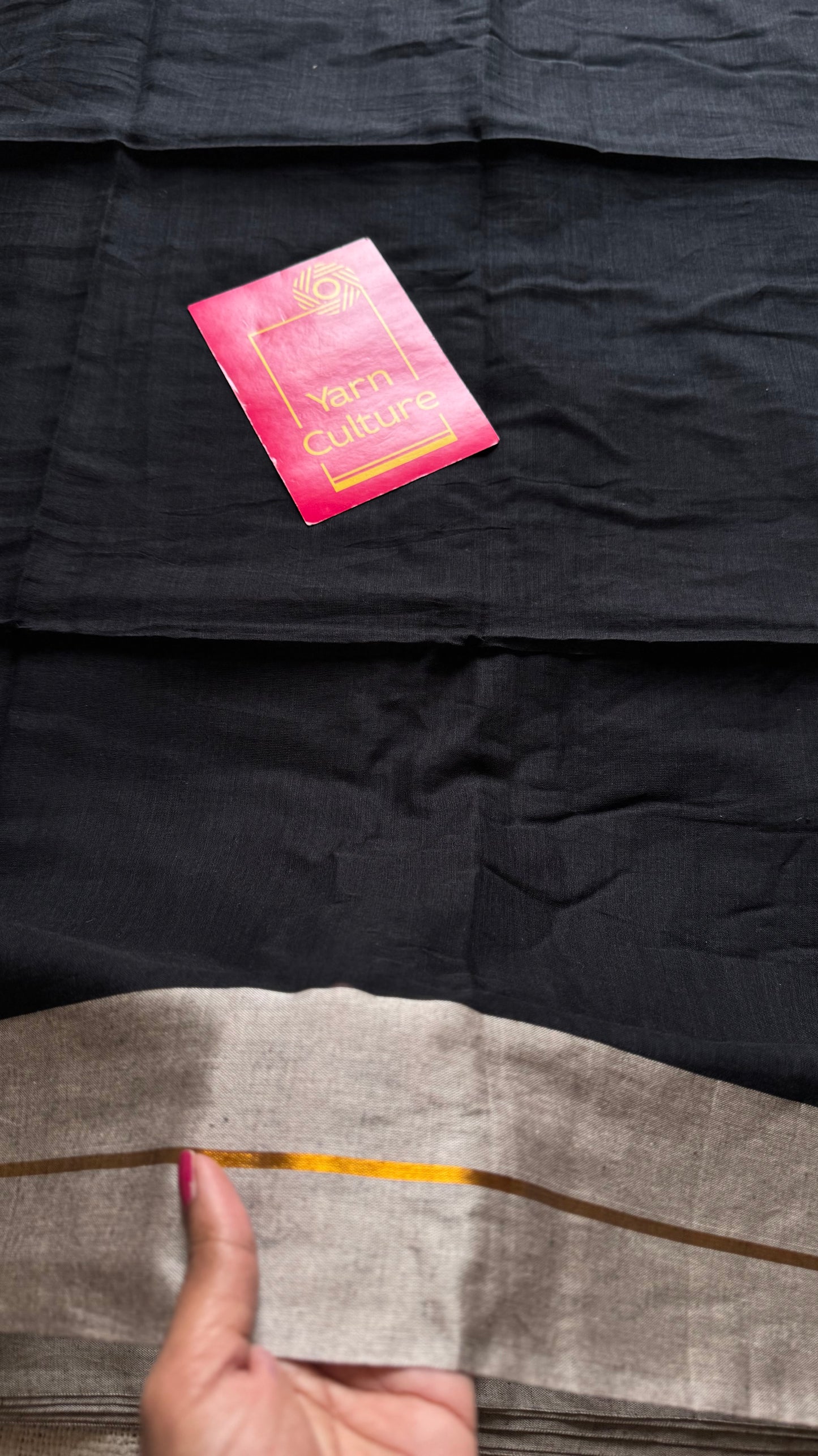 Black with grey border mul, thin antique gold zari gap border - YCBCMCLSE43