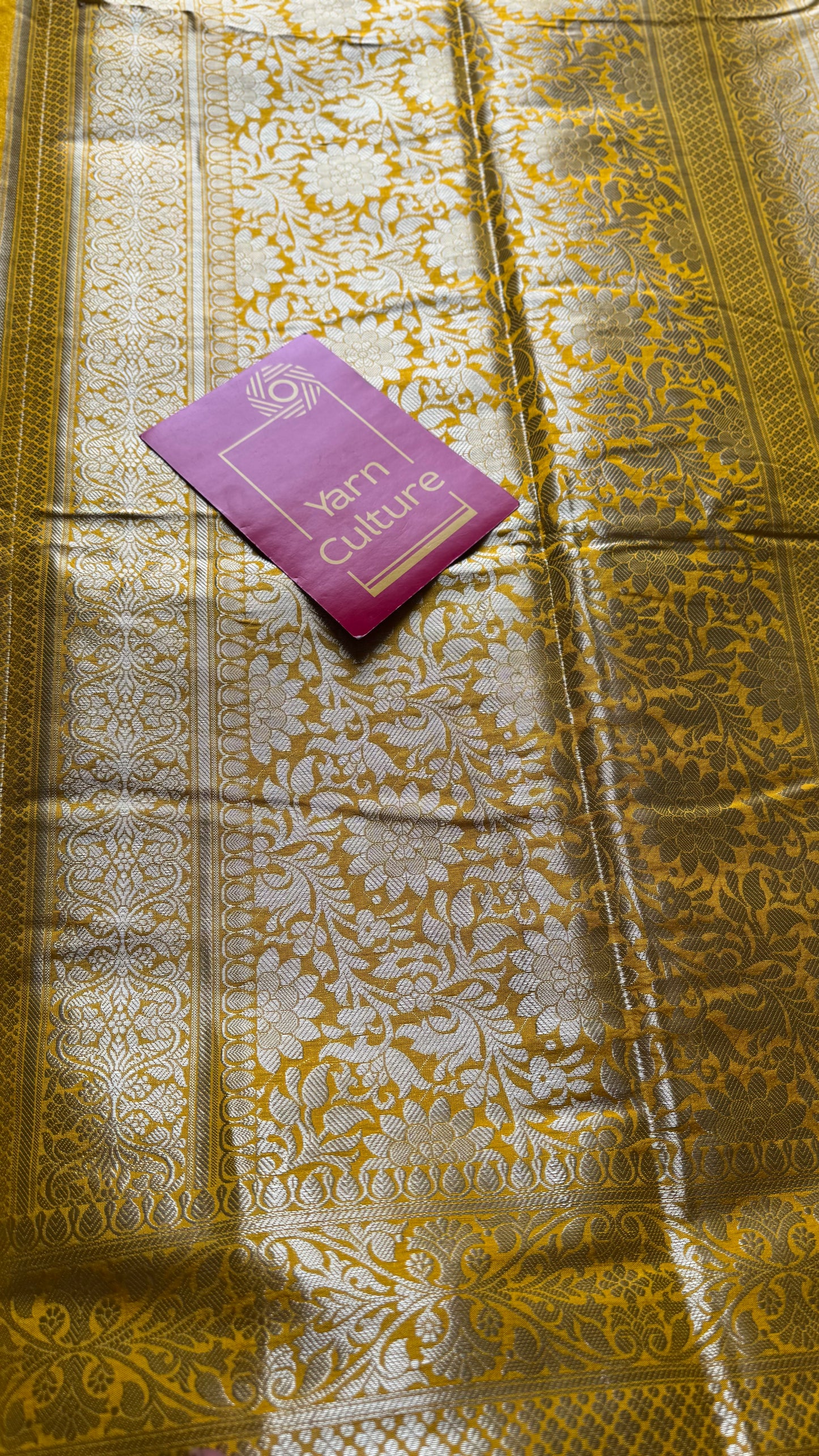 Yellow meenakari floral pattern in silver zari, Banarasi katan dupion silk - YCDESE11