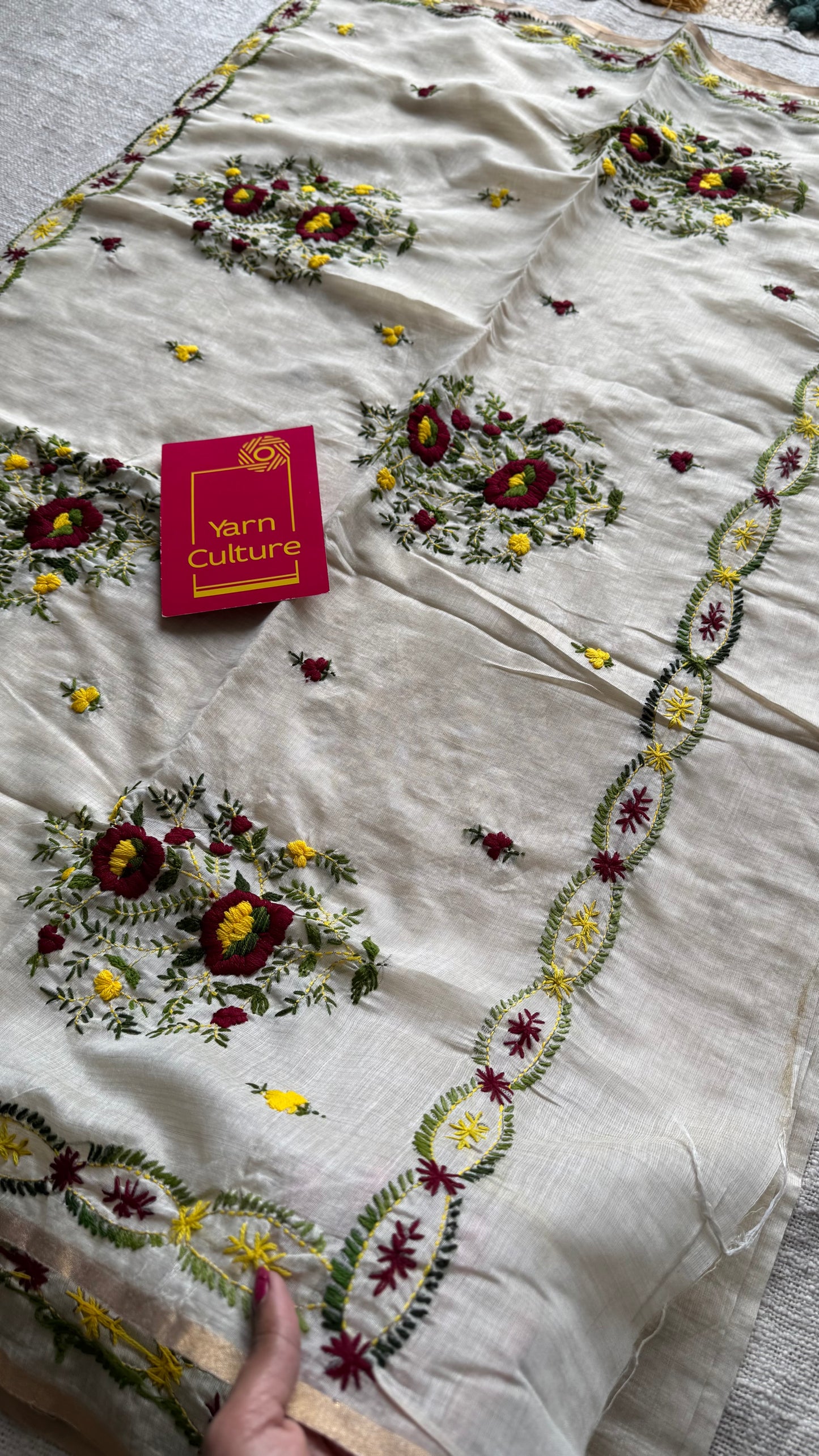 Ivory maheshwari cotton silk blend with deep maroon and light yellow floral kantha threadwork - YCBLJULMK06