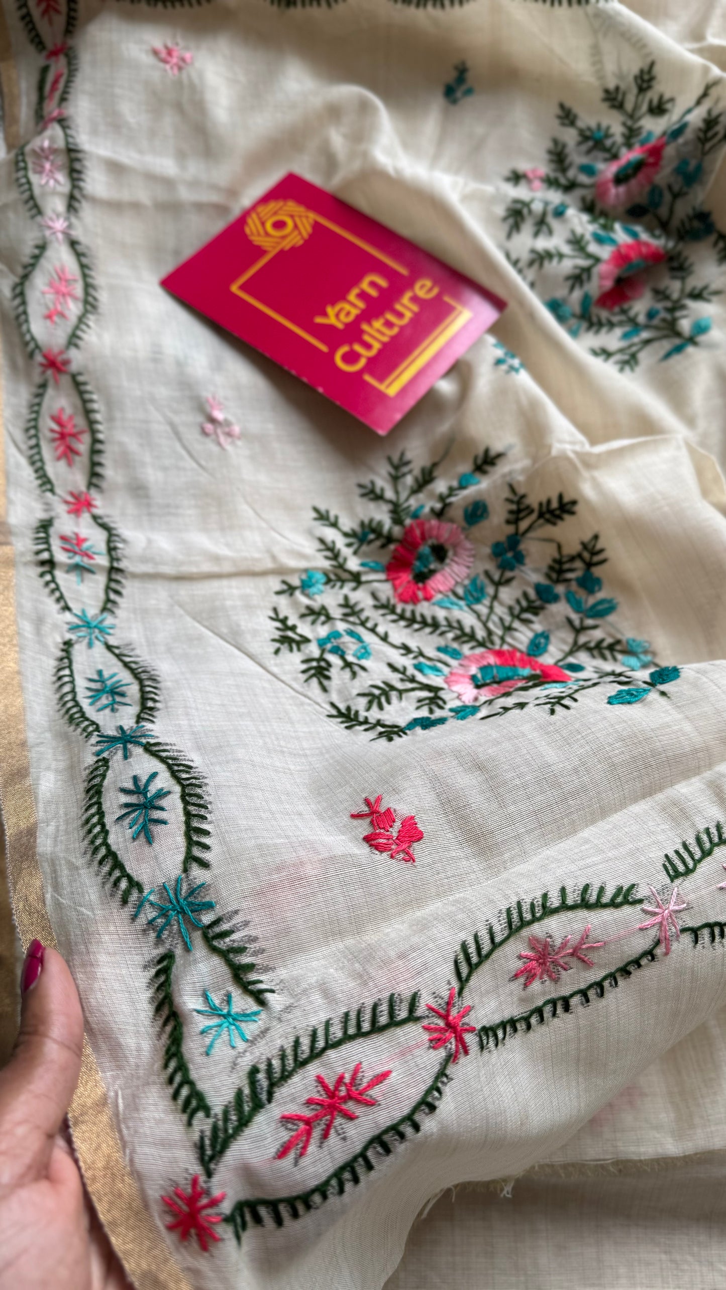 Ivory maheshwari cotton silk blend with pink and blue floral kantha threadwork - YCBLJULMK01