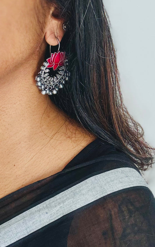 Meenakari lotus hook earrings, hot pink - YCOSED247