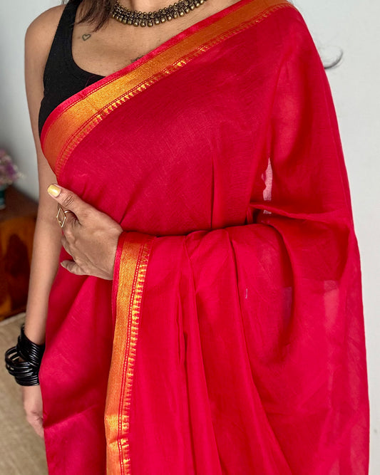 Chilli red soft cotton with maheswari gold zari border - YCBCMCFE216