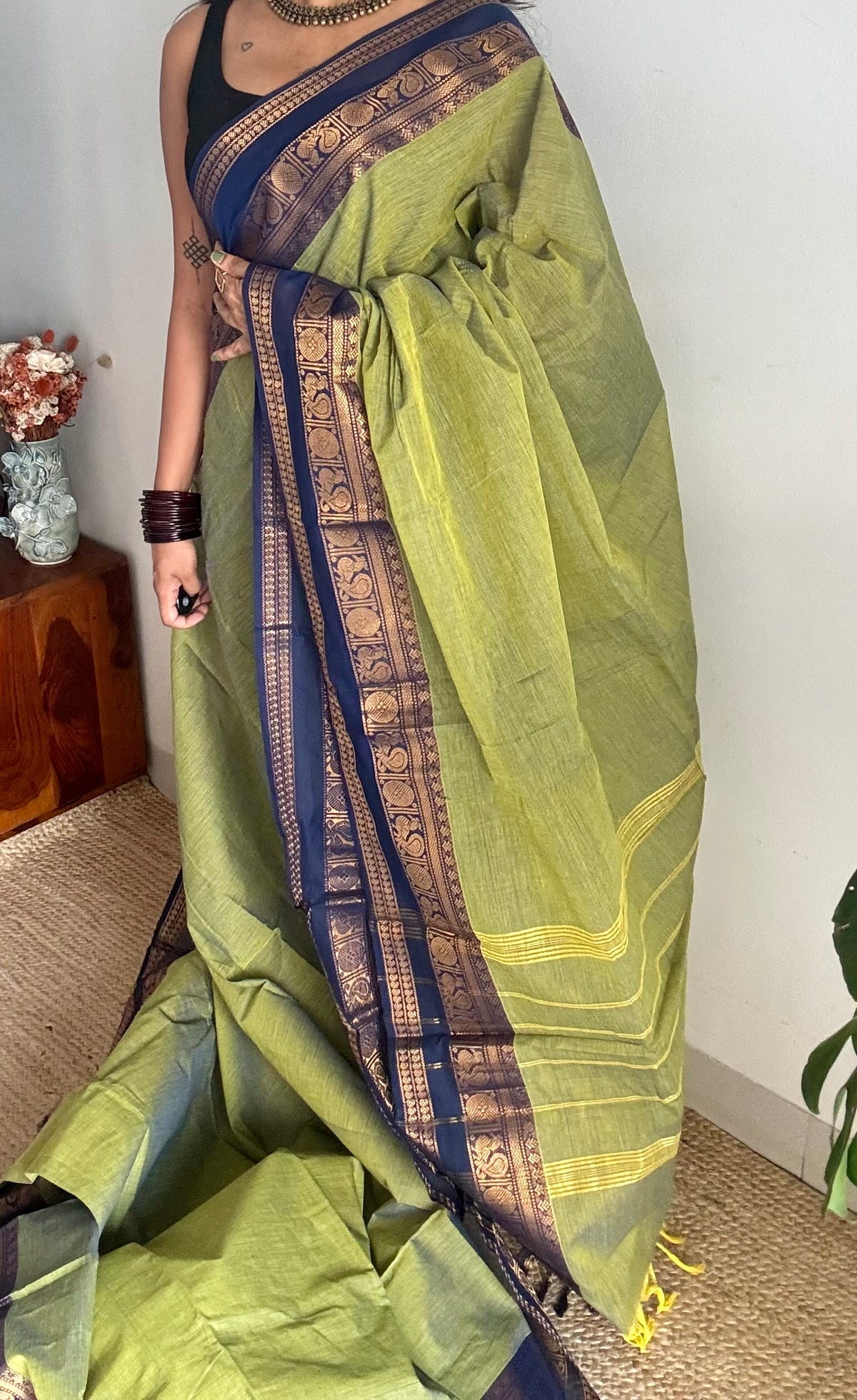 Green with blue gap zari border, kanchi cotton saree - YCCOTNCCOC115