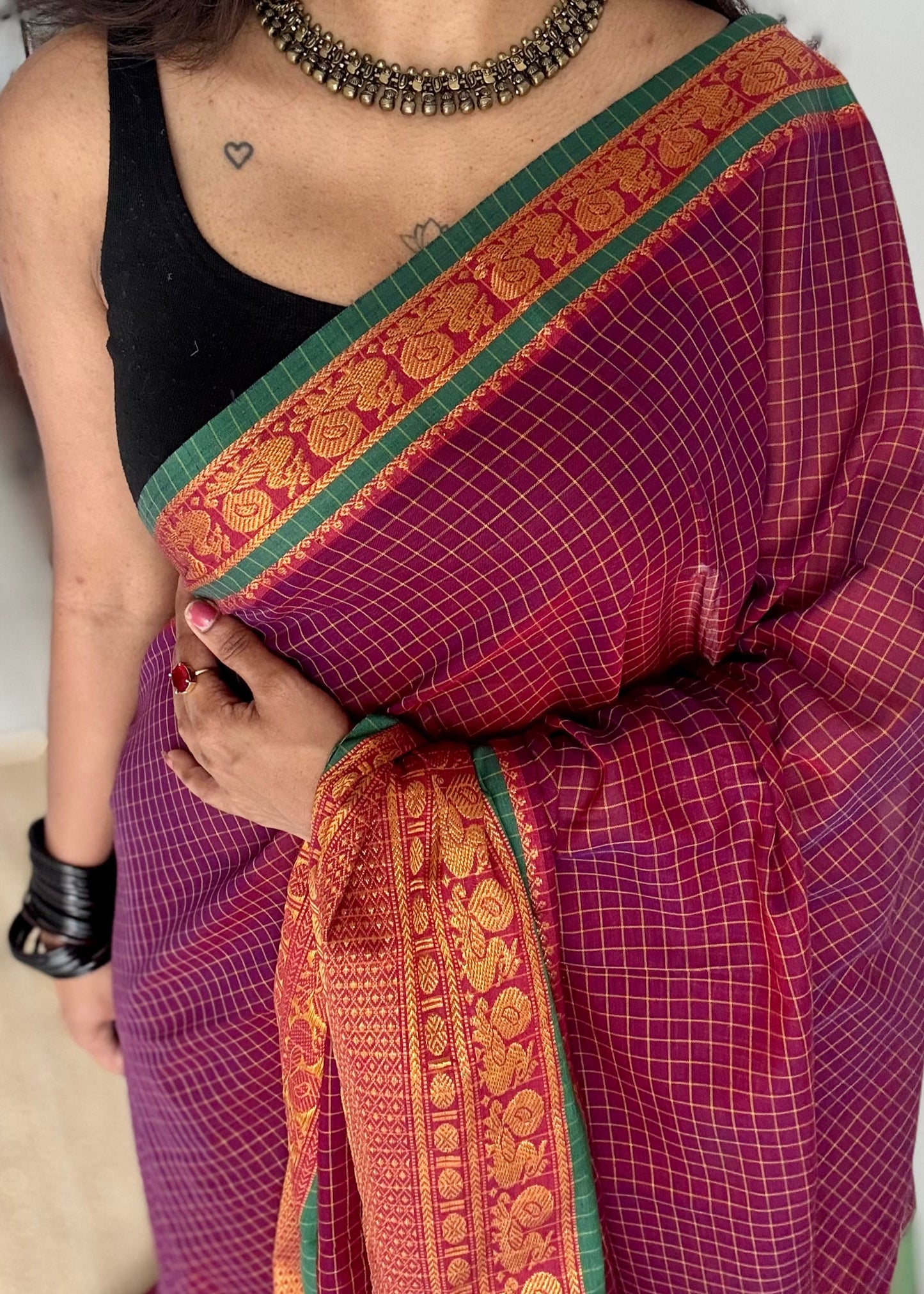 Purple pink (vadamalli) checks with zari border, premium narayanpet, soft cotton - YCWOTDFEBB14