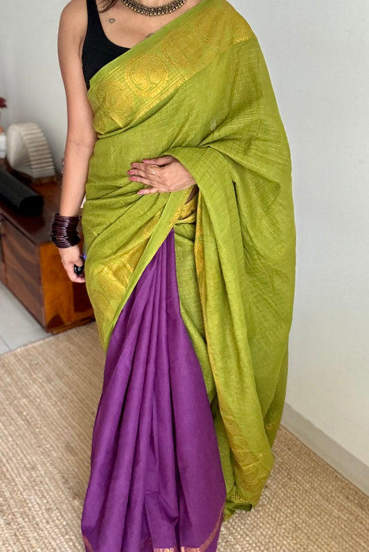 Light green and purple, sungudi cotton half-half saree - YCCOTNIDMA298