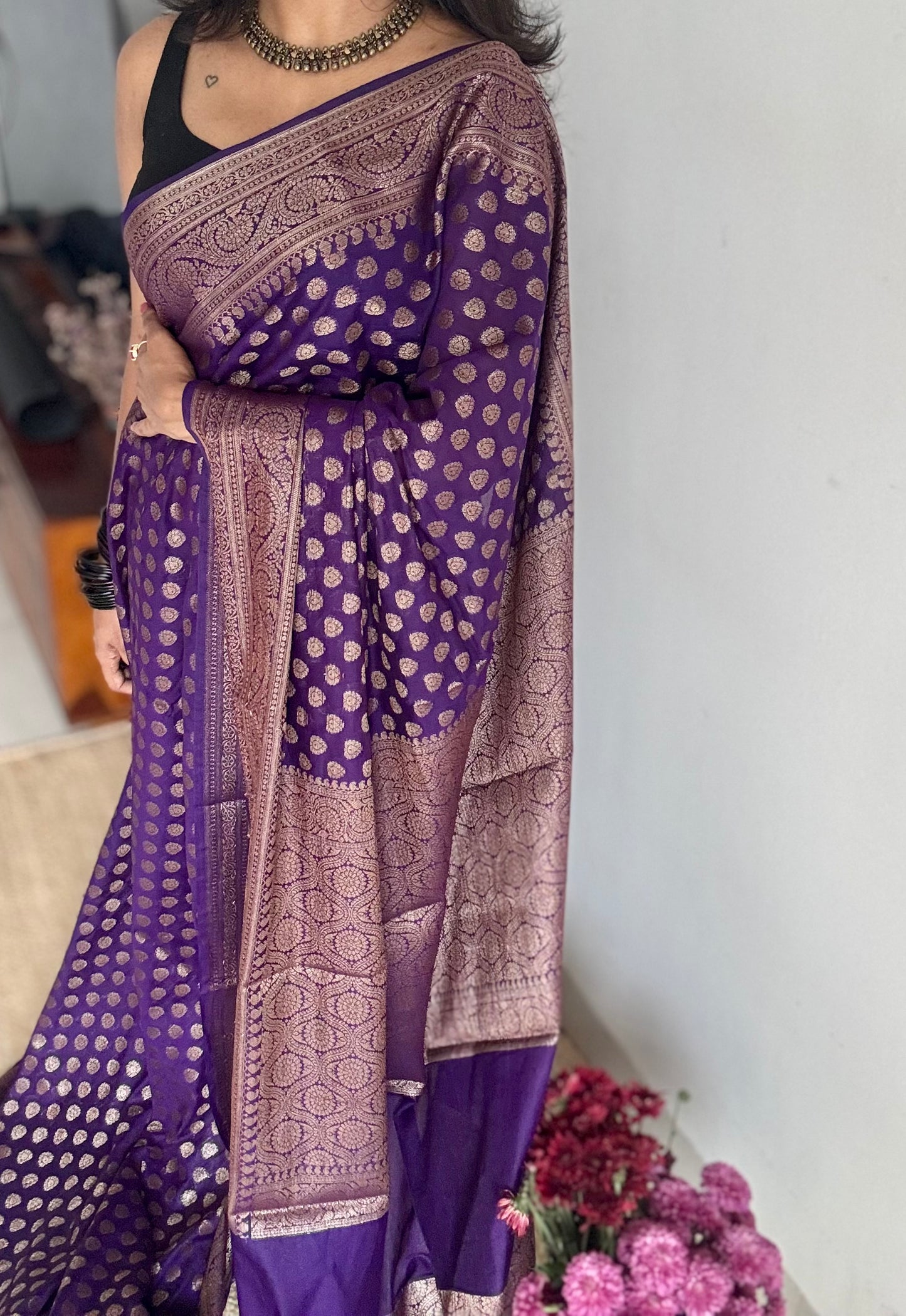 Aubergine - Dark purple, antique gold zari, Banarasi semi georgette - YCBLFEGAGZ12