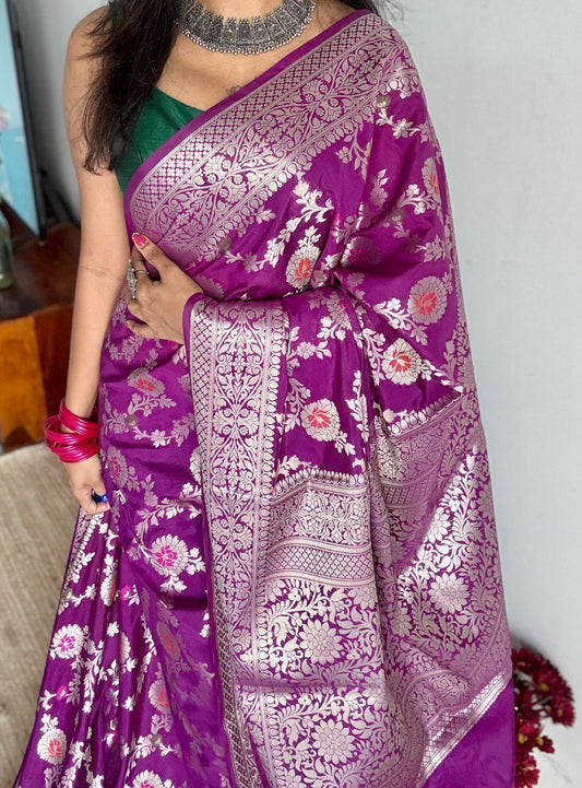 Bright purple meenakari floral pattern in silver zari, Banarasi katan dupion silk - YCDESE10